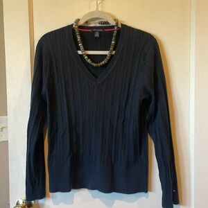 Tommy Hilfiger Black Cable Knit V-neck Sweater XL